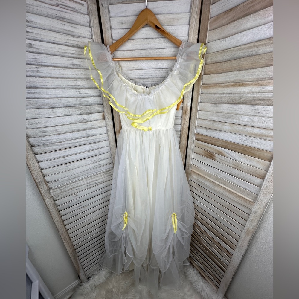 Vintage 50s Civil War Southern Belle White Cream Lemon Yellow Ruffled Formal 3